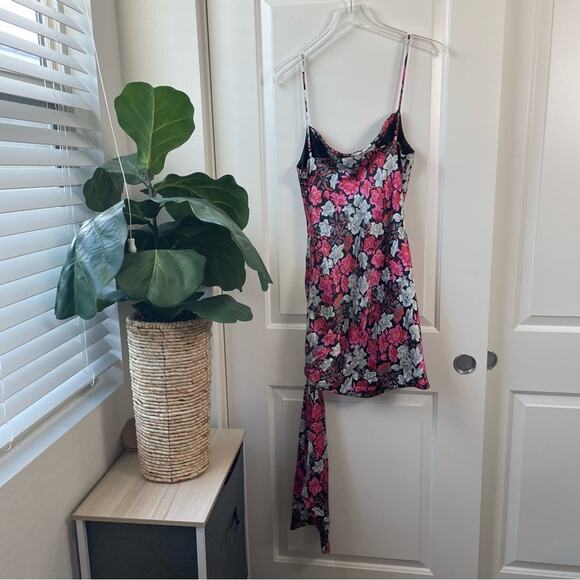 Cinq a Sept Black Floral 100% Silk Mini Slip Dress w/ Side Tie - Picture 12 of 16